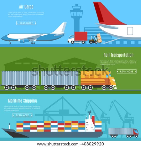 Colorful Flat Horizontal Banners Set For Logistic, Transportation And Delivery Projects. Air Cargo, Rail Transportation, Maritime Shipping. Vector Illustration