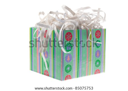 Paper Shreddings in Gift Box on White Background