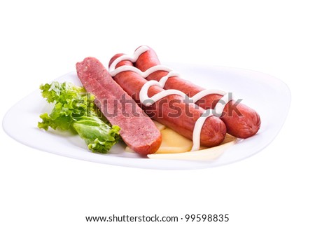 sausages on a plate with vegetables and greens, white background