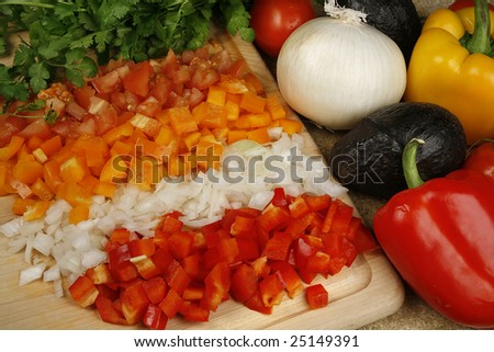 Close up of fresh cut and whole vegetables