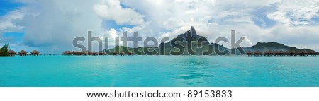 Panorama view of Bora Bora , the famous island of French Polynesia , south Pacific .