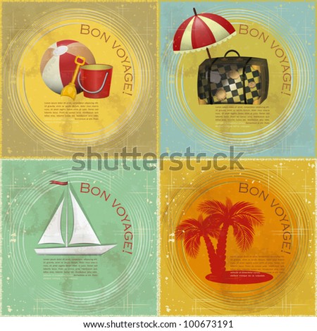 set of Vintage travel postcard boat beach toys suitcase palm on grunge background set of Vintage travel postcard boat beach toys suitcase palm on grunge background