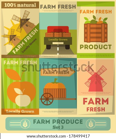 Farm Fresh Organic Food Posters Set Retro Placard in Flat Design Style Vector Illustration Farm Fresh Organic Food Posters Set Retro Placard in Flat Design Style Vector Illustration