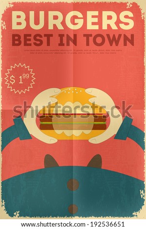 Fast Food Fun Poster in Retro Design Style Big Burger Vector Illustration Fast Food Fun Poster in Retro Design Style Big Burger Vector Illustration