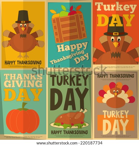 Thanksgiving Day Retro Posters Collection with Cartoon Turkey Vector Illustration Thanksgiving Day Retro Posters Collection with Cartoon Turkey Vector Illustration