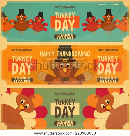 Thanksgiving Day Card Retro Posters Set with Cartoon Turkey Vector Illustration Thanksgiving Day Card Retro Posters Set with Cartoon Turkey Vector Illustration