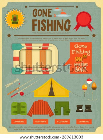 Fishing Retro Poster: Equipment for Fishing. Advertising Fishing Store. Vector illustration.