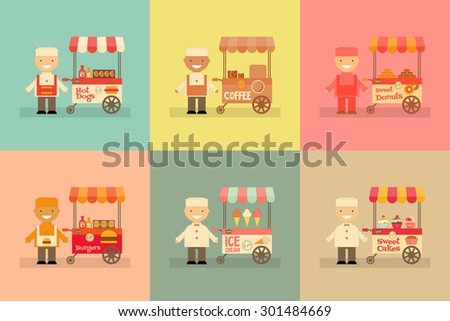 Food Carts With Sellers Set. Street-Food Market Store Car. Mini Posters