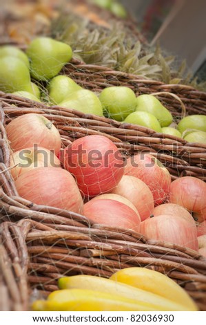 ripe fruits and vegetables in baskets