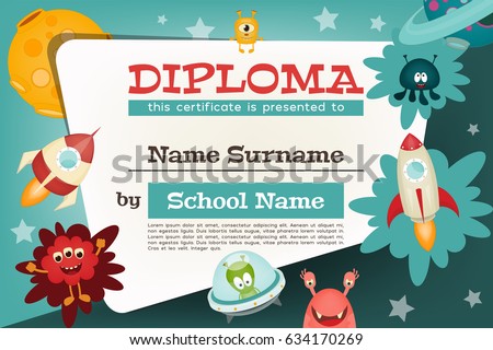 Certificate Kids Diploma. Space Theme - Cartoon Aliens and Galaxy Monsters with Shuttles, Rockets and Spaceships. Vector Illustration.