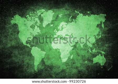 vintage world map in green glittering star style