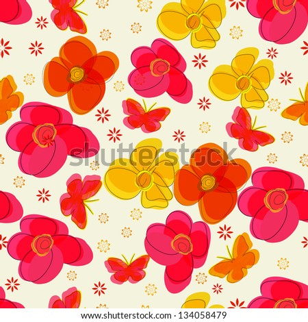 Simple  vector seamless  pattern with  flowers and  butterflies.
