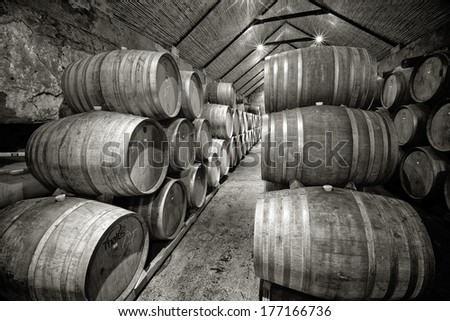PAARL, SOUTH AFRICA - APRIL 19, 2012: Wine maturing in French oak barrels in the wine cellar at Vondeling Wines in the Paarl Wine Region of South Africa. Processed in B&W.