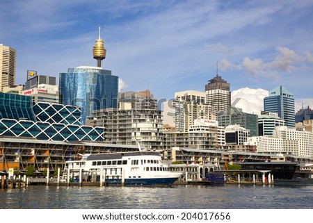 SYDNEY, AUSTRALIA - MAY 20, 2010: Apartment and office blocks overlooking Darling Harbour, a harbour and recreational and pedestrian precinct adjacent to the city centre of Sydney in New South Wales.