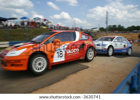 stock photo Battle of two rallycross race cars at the Rallycross EC 