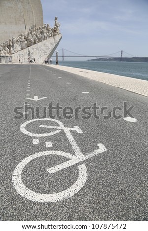 Bike lane along the seashore in Lisbon, Portugal.
