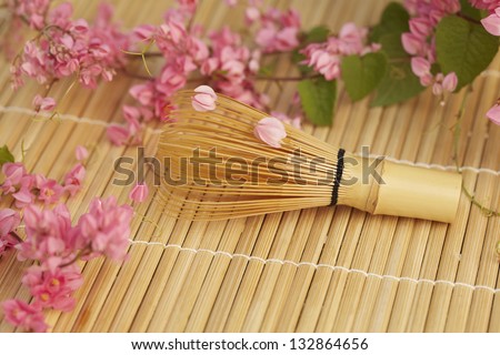 Close up of Japanese green tea on bamboo plate mat.