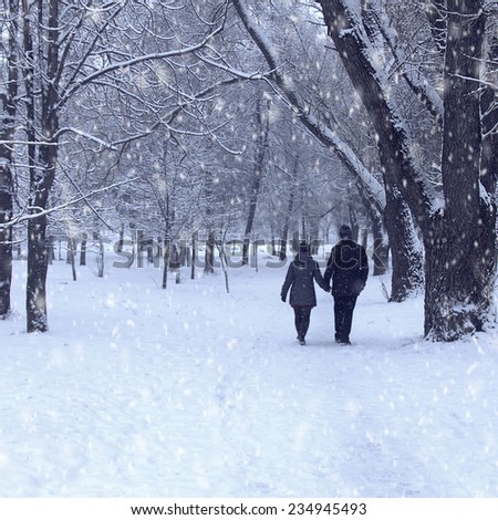Lovers man and woman walking in the forest holding hands. Winter snows