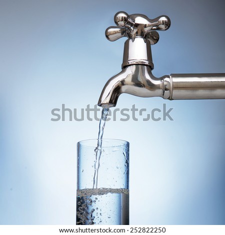 clean water is poured into a glass from the tap