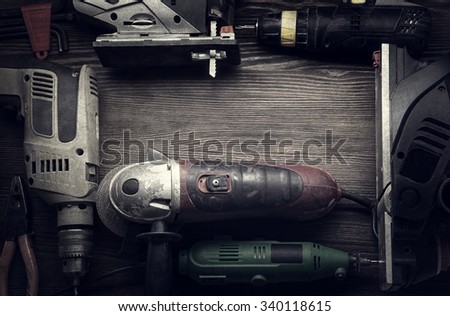 Electric hand tools (screwdriver Drill Saw jigsaw jointer) photo processing: instagram