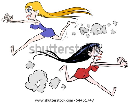 stock vector : Two cartoon girls, blonde in ecstasy and afraid brunette 