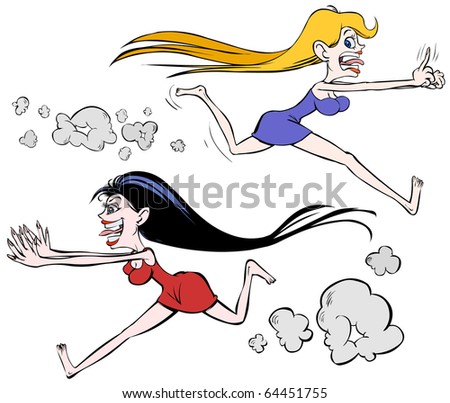 stock vector : Two cartoon girls, afraid blonde and brunette in ecstasy 