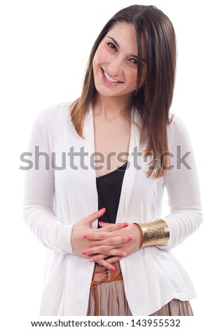 Woman beautiful portrait in positive view, big smile, beautiful model posing in studio over white background .