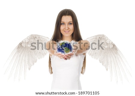 beautiful young angel woman holding Earth in hands in white background
