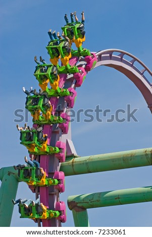 Rollercoaster loop against a brilliant blue sky