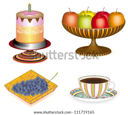 Coffee with cake and fruit, 3D. Cake with candle served with fresh fruit and coffee. Set of Food: Coffee and cake with candle, fresh fruit on white background.  An abstract art illustration 3D.