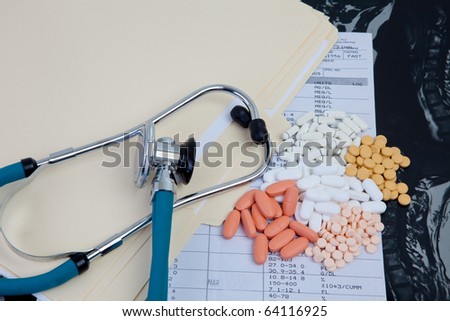 Medical Records, medications, stethoscope, MRI exam, pills