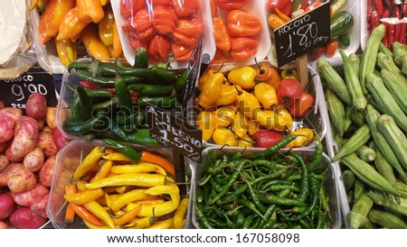 different types of chilli peppers on mexican market.