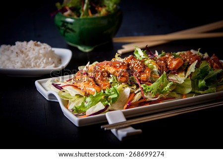 Japan style teriyaki chicken with salad and rice