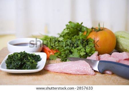 fresh ingredients for cook teriyaki chicken and vegetables