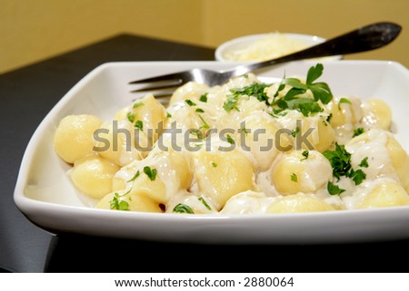 a withe bowl of italian gnocchi with four cheese sauce and grated cheese
