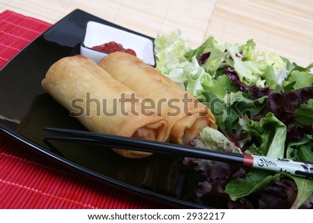 Crispy Chinese egg rolls with differents lettuce salad