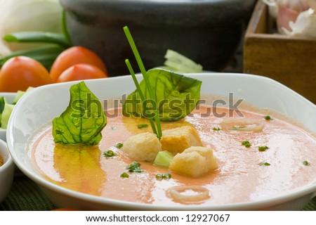 Gazpacho is cold soup typical Spanish cream that is popular in warmer areas and during the summer. Andalusian food and drink