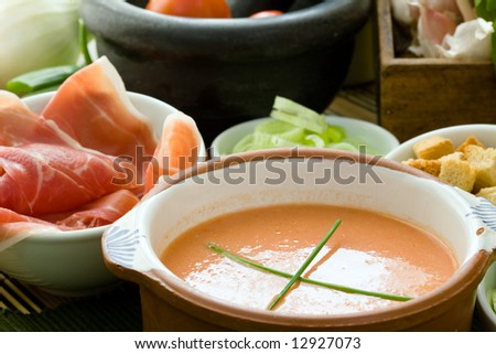 Gazpacho is cold soup typical Spanish cream that is popular in warmer areas and during the summer. Andalusian food and drink