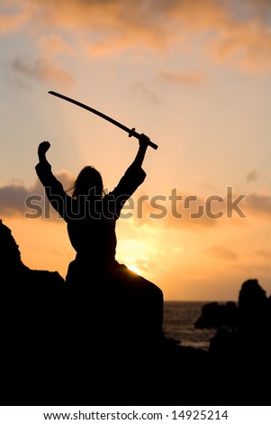 young model posing with a sword in the sunset
