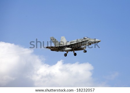 f 18 hornet sunset. stock photo : F-18 Hornet army airplane with gear extended for landing