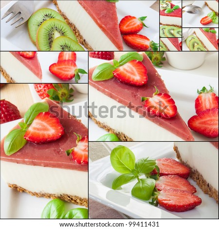 collage of cheesecake pieces on white tray