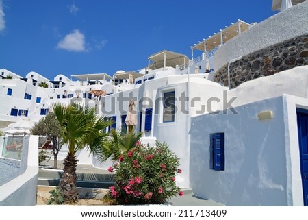 Greece Santorini island in Cyclades. Scenery at beautiful hotel resort near Fira.