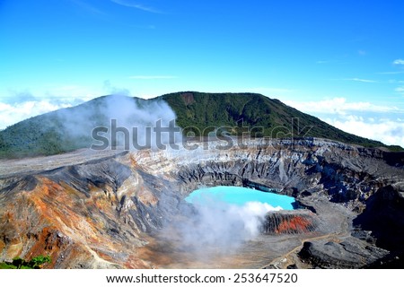 The crater and the lake of the Poas volcano in Costa Rica
