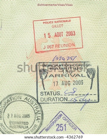 stamps of la reunion, mauritius and australia in german passport