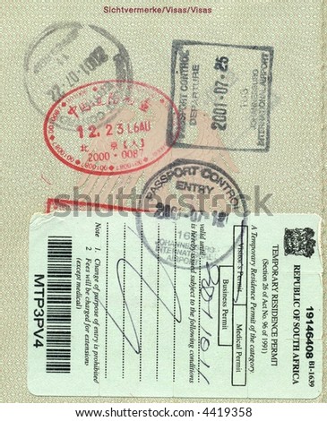 stamps of china and south africa in german passport