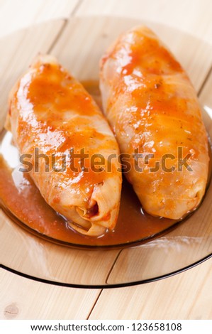 Cabbage rolls stuffed with ground meat and rice, vertical shot