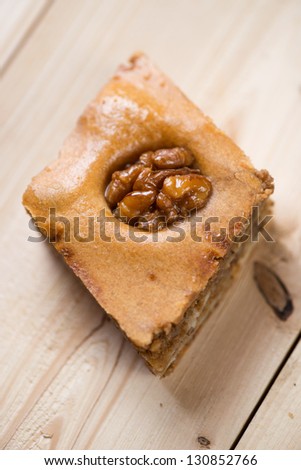 Still life food: baklava with walnuts and honey, view from above