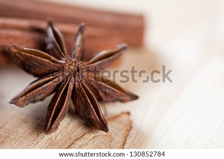 Star anise seed and cinnamon sticks on a wooden background, close-up
