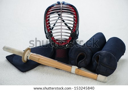 Kendo protective sportswear and shinai, horizontal shot
