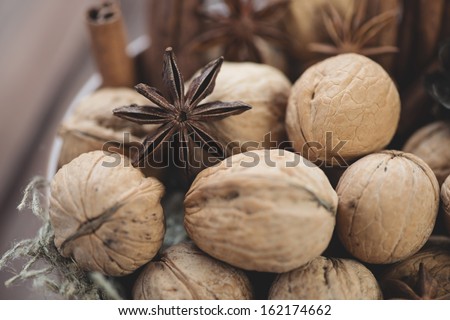 Walnuts, cinnamon and anise seeds, close-up, studio shot